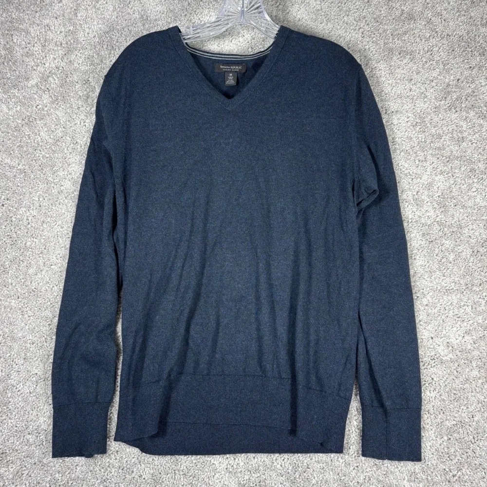 Banana Republic Mens V Neck Sweater Navy Blue Silk Cashmere Blend Size‎ M